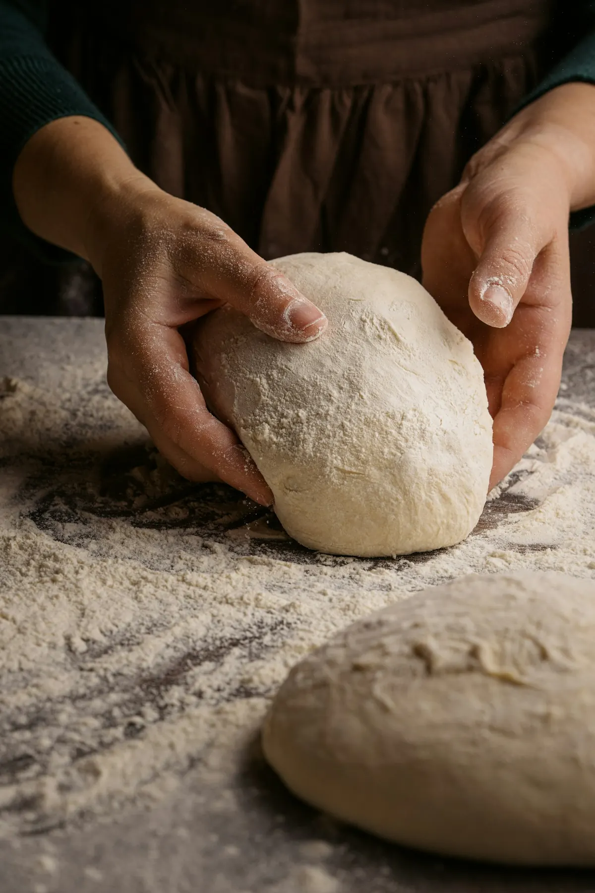Hands working laminated dough on a floured bench